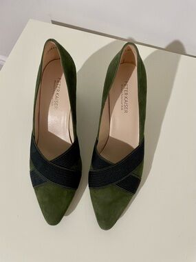 Peter Kaiser Olive Green Suede Pointed Pumps with Black Cross-Strap